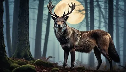 Fantasy, Patronus art, mystical creature, wolf, stag, otter, horse, majestic posture, glowing eyes, shiny fur, misty atmosphere, ancient forest, twilight, full moon, subtle lighting, cinematic composi