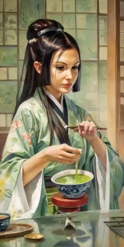 Beautiful demon girl with black tattoes, long brown hair having a japanese green tea ritual. Looking confident.  Background is a traditional japanese room. ,tea ceremony,oriental painting,japanese art