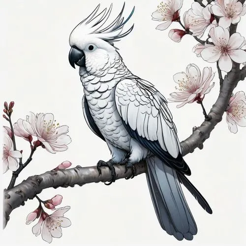 flower and bird illustration,kagu,tsuru,ornamental bird,rose-breasted cockatoo,an ornamental bird,Illustration,Black and White,Black and White 08