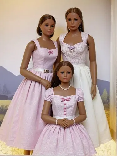 Three dolls in front of a landscape.,the two dolls are dressed in white and pink dresses,quinceaneras,quinceanera,dollfus,fashion dolls,barbies,porcelain dolls,Unique,3D,Toy