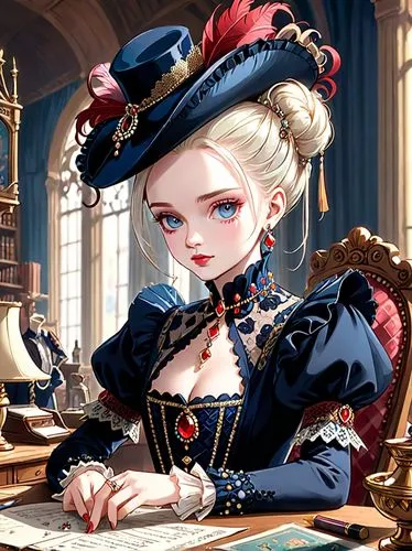 victorian lady,game illustration,victorian style,librarian,girl studying,alice,french digital background,aristocrat,fairy tale character,old elisabeth,illustrator,baroque,eglantine,victorian,fantasy portrait,painter doll,venetia,scholar,magistrate,vexiernelke,Anime,Anime,General