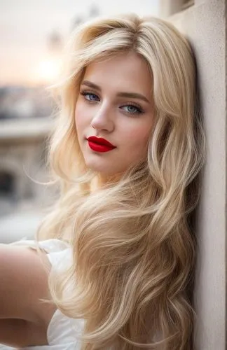 a portrait half body of a beautiful caucasian girl 25 years old blonde hair red lips wearing a white dress stand up in the city of Paris as background in 4k,long blonde hair,blonde woman,british semi-