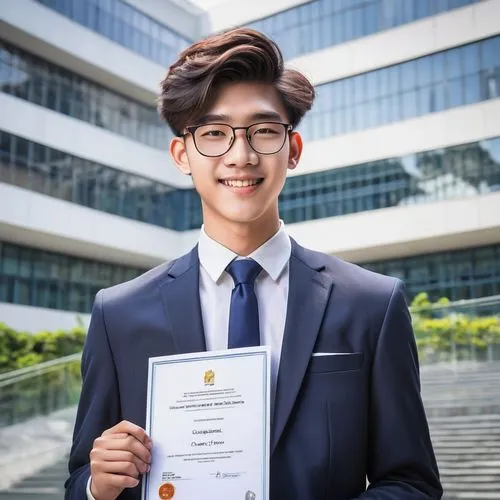 Senior high school student, male, 18yo, elegant hairstyle, glasses, smiling face, formal wear, white shirt, black tie, dark blue suit, holding a graduation certificate, standing in front of a modern u