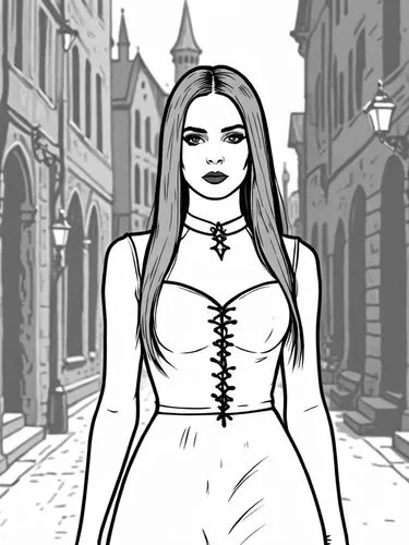 a woman in a dress walking down the street,vampire woman,vampire lady,dolorosa,dhampir,goth woman,gothic woman,Design Sketch,Design Sketch,Rough Outline