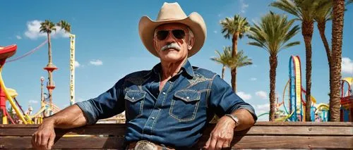 Old, muscular man, 60yo, rugged face, deep wrinkles, gray hair, mustache, sunglasses, casual wear, denim shirt, khaki pants, leather belt, cowboy boots, relaxed posture, sitting, Six Flags theme park,