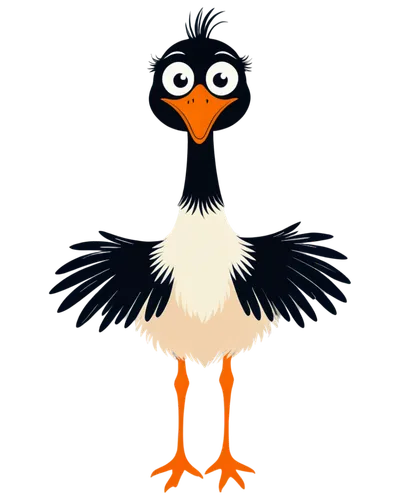 Colorful ostrich, cartoon style, standing pose, big eyes, long eyelashes, orange beak, soft feathers, white belly, brown back, wings spread wide, one leg lifted, playful expression, vibrant background