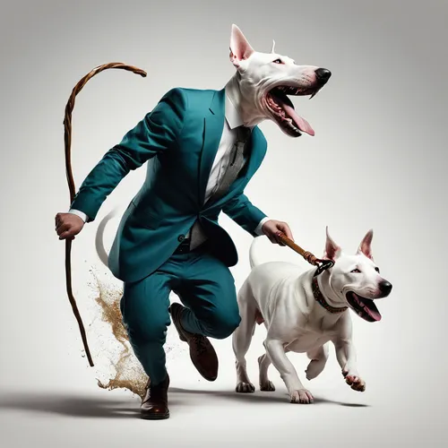 um cachorro da raça bullterrier fugindo com a bengala de um senhor na boca.,bull terrier,bull terrier (miniature),bull and terrier,dog illustration,bully kutta,dogo argentino,smooth fox terrier,jack r