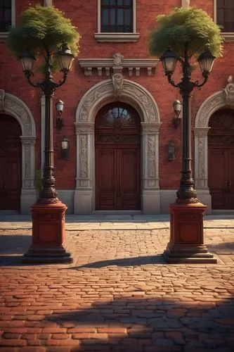 Red brick, rustic texture, ornate carvings, grand entrance, symmetrical composition, Renaissance-style, intricate details, warm afternoon sunlight, soft shadows, urban landscape, city square, pedestri