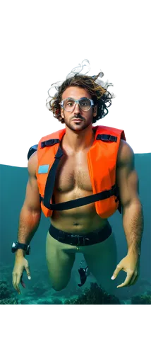 Snorkeler, scuba diving, underwater, tropical ocean, colorful fish, seaweed, muscular man, wet shiny skin, bright orange life jacket, silver snorkeling gear, swimming goggles, wavy hair, strong facial