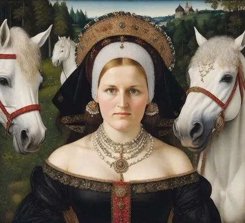 memling,cranach,joan of arc,gothic portrait,salzgeber,netherlandish,huyghe,noblewomen,lipizzaners,noblewoman,tudor,bronzino,courtly,archduchess,lipizzaner,scholastica,horsewoman,boudicca,scythia,a white horse