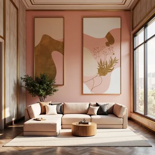 gold-pink earthy colors,fromental,sitting room,mahdavi,living room,gournay,modern decor,livingroom,contemporary decor,interior decor,interior design,interior decoration,pink magnolia,peony pink,pink chair,wallcoverings,minotti,soft pink,dusky pink,pink leather