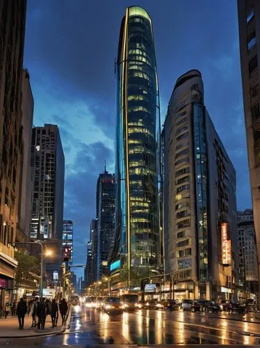 Modern, futuristic, sleek architecture, curved lines, glass façade, steel beams, LED lights, cityscape, urban jungle, skyscraper, metropolitan area, nighttime, dramatic lighting, low-angle shot, cinem