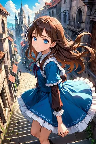 in the heart of a bustling old city, a young woman with long, flowing brown hair and piercing blue eyes wanders through the streets with a bright smile. Her dress billows behind her as she makes her w