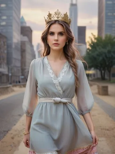 a woman with long brown hair and bright brown eyes stands in the middle of a bustling city street, gazing out at the skyscrapers. She wears a red gown and a pair of black shoes, and a crown made of go