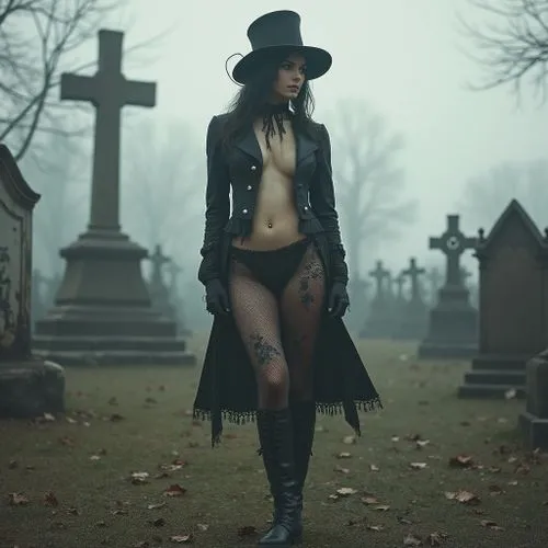 bare skin,a  woman dressed in tights and stockings is walking through the cemetery,gothic woman,vampirella,cemetary,graveyards,graveside,goth woman