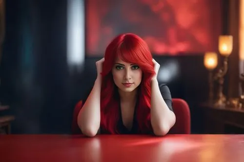 the young red haired woman sitting at the table is smiling,melisandre,karou,illyria,red hair,redhair,epica