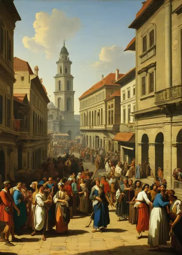 Describe the bustling streets of Belgrade on a sunny day.,the market,medieval market,large market,street musicians,street scene,market place,market,marketplace,procession,bougereau,the production of t