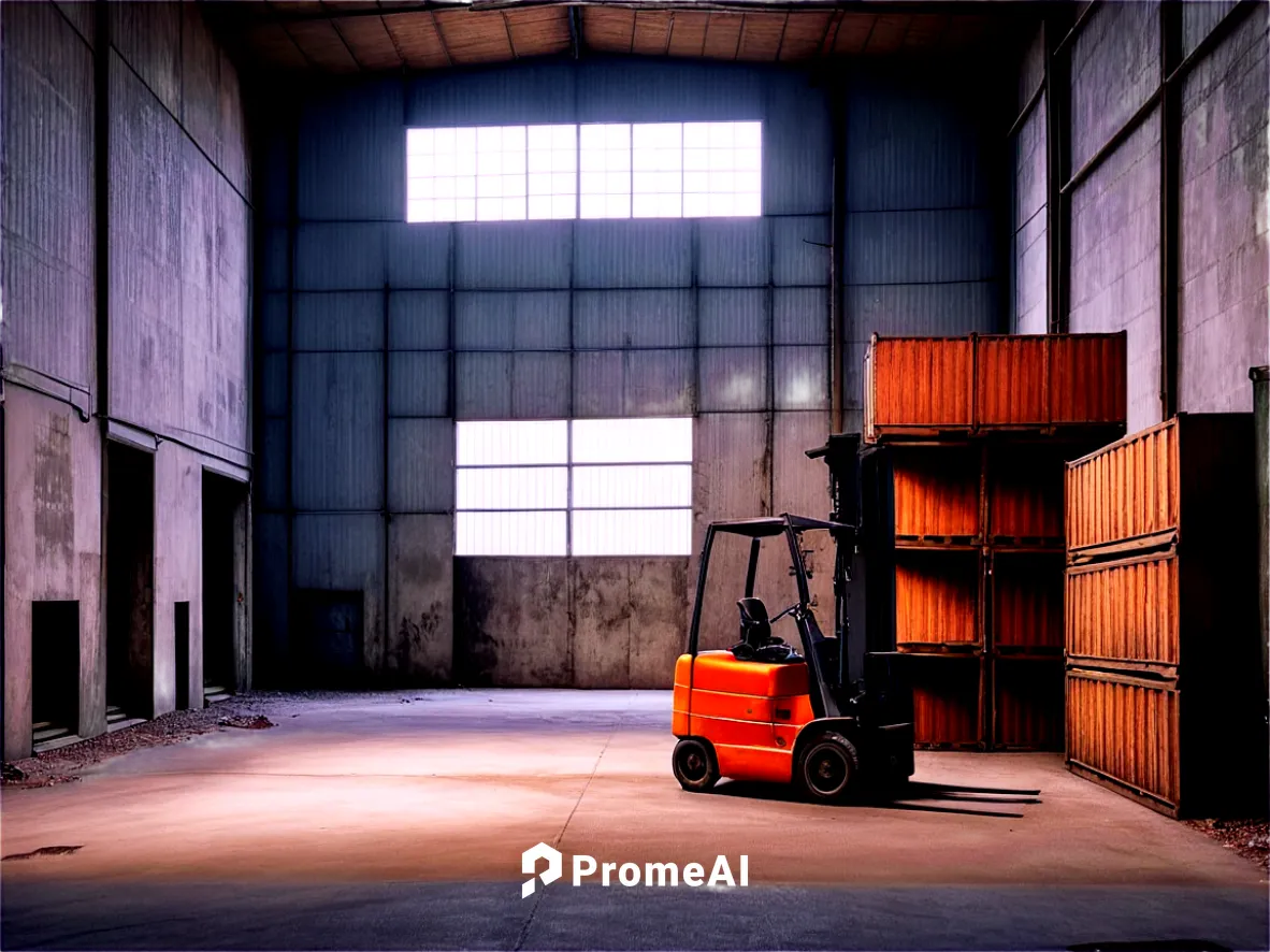 Industrial empty warehouse, dimly lit, high ceiling, concrete floor, steel beams, metal shelves, crates stacked, abandoned forklift, rusty machinery, broken windows, worn walls, realistic texture, cin