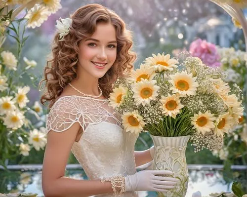 beautiful girl with flowers,floristry,garland chrysanthemum,artificial flowers,chrysanthemums bouquet,flower arranging,girl in flowers,bridal clothing,holding flowers,splendor of flowers,yellow chrysanthemums,florists,chrysanthemums,tanacetum,cut flowers,wedding dresses,white chrysanthemums,marguerite,with a bouquet of flowers,golden weddings,Illustration,Retro,Retro 08