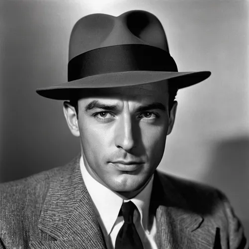 A Noire, 35 year-old, fit and handsome private detective from the 1940', wearing a gray fedora with  2.5 inch brim, looking cynical in his office,gregory peck,cary grant,humphrey bogart,george paris,f