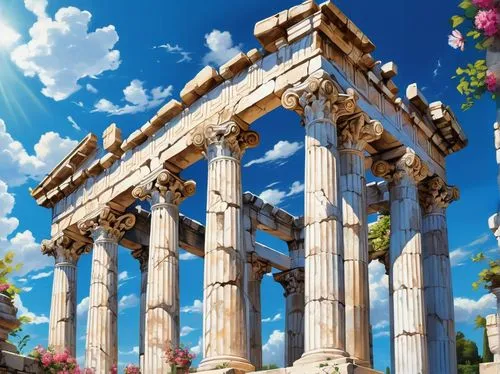 Ancient Greek temple, Doric columns, marble material, ornate carvings, pediment sculptures, frieze decorations, statues of gods and goddesses, Mediterranean landscape, bright blue sky, few white puffy