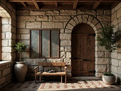 entryway,alcove,entryways,loggia,porch,inglenook,wooden door,doorway,doorways,patio,garden door,wooden windows,natural stone,rustic,home corner,greek island door,almond tiles,front porch,3d rendering,mudroom