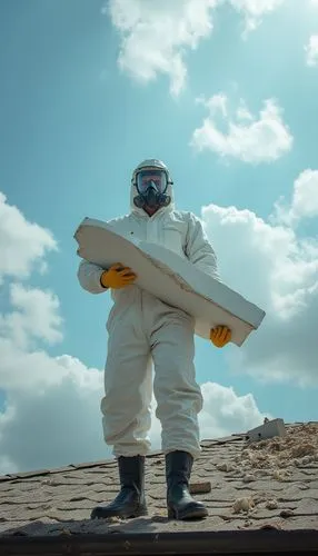 A person standing on a rooftop, captured from a low angle to emphasize the height, wearing a white hazardous waste suit, a toxic waste mask, yellow gloves, and black boots. The person is carrying a la