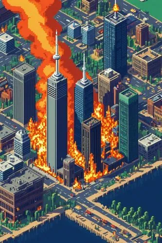 8-bit illustration of city of toronto on fire, video game level, daytime,city in flames,fire disaster,fire land,fire background,destroyed city,sweden fire,detroit,explosion destroy,fire in houston,apo