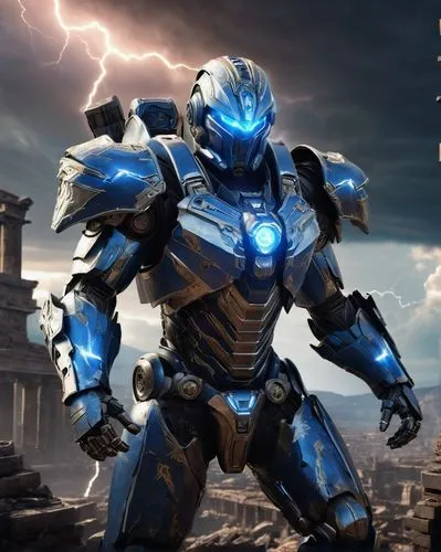 Destiny Titan, majestic, powerful, robotic body, glowing blue eyes, intricate mechanical details, metallic armor, energized fists, dynamic pose, standing, heroic background, stormy sky, lightning bolt