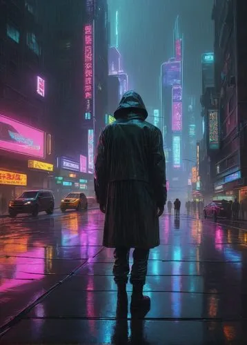 cyberpunk,shinjuku,dystopian,pedestrian,walking in the rain,cityscape,futuristic,wanderer,the wanderer,tokyo,vapor,kowloon,sci fiction illustration,manhattan,tokyo city,world digital painting,dystopia,man with umbrella,walking man,hong kong,Conceptual Art,Daily,Daily 30