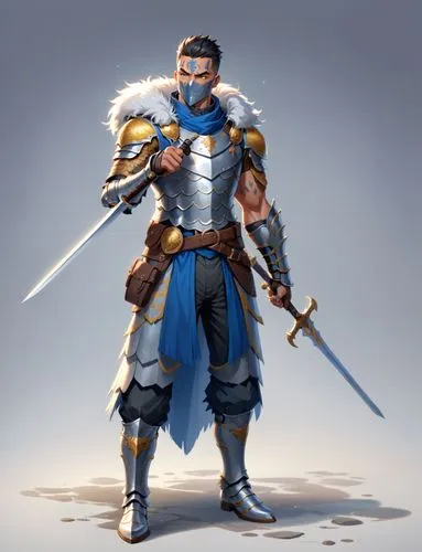 warrior dressed in golden scale armor and fur accents, wielding two sharp swords with precision. He carries a mysterious silver mask at his waist, hinting at a secretive or dual nature. His serious ex