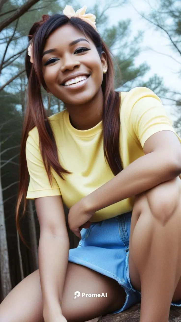 pretty,a woman in a yellow shirt and denim skirt sitting on a log,reginae,monifa,kunbi,azealia,moesha,akuapem