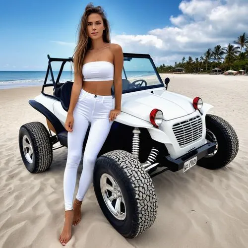 A young woman wearing a white strapless shirt and legging in a beach buggy at the beach,beach buggy,jeep wrangler,wrangler,jeep,quad bike,jeep cj,jeeps,off road vehicle,4wheeler,jeep honcho,golf cart,