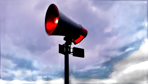 Tornado alert system, loud siren sound, rotating red light, metallic body, vertical stand, warning signs, urban setting, cloudy sky, ominous atmosphere, dramatic lighting, close-up shot, shallow depth