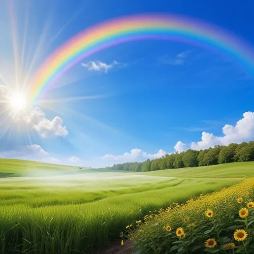 sun beams over a green field filled with lots of green grass,rainbow background,rainbow,pot of gold background,rainbow pencil background,raimbow,arcobaleno