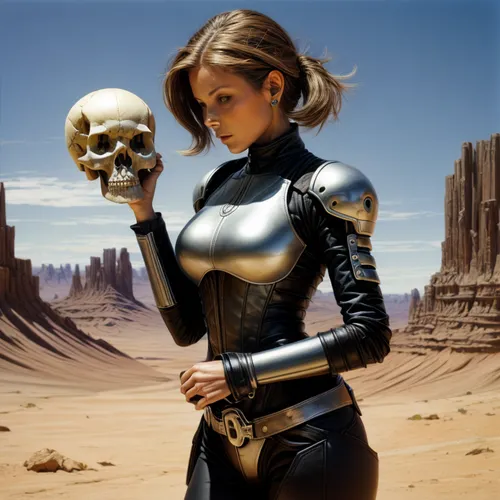 Seeing the skull  in her hand, short brunette hair,latex clothing,latex,metal implants,head woman,skull bones,digital compositing,bodypaint,biomechanical,sci fiction illustration,femme fatale,sci fi,f