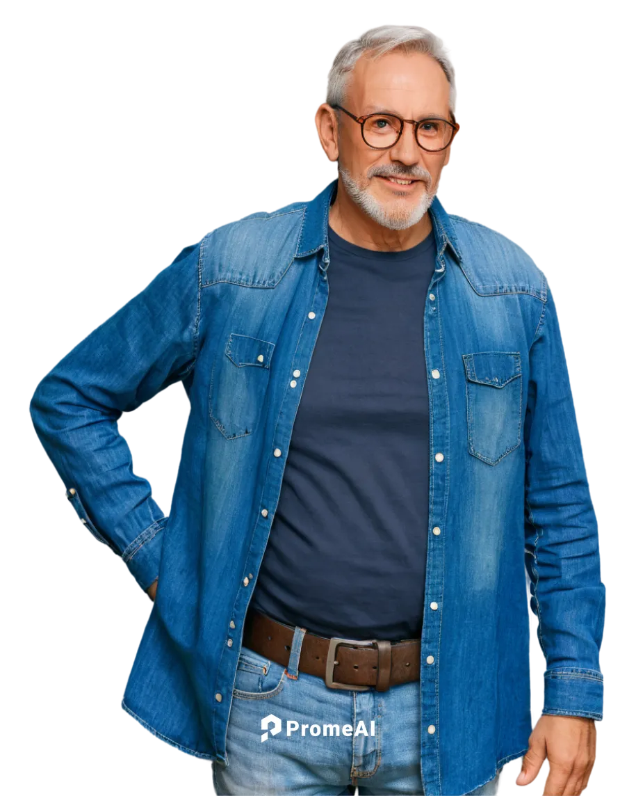 older man, mature gentleman, grey hair, wrinkled face, glasses, beard, worn denim jeans, casual plaid shirt, leather belt, standing, hands in pockets, relaxed posture, natural makeup, soft focus, warm