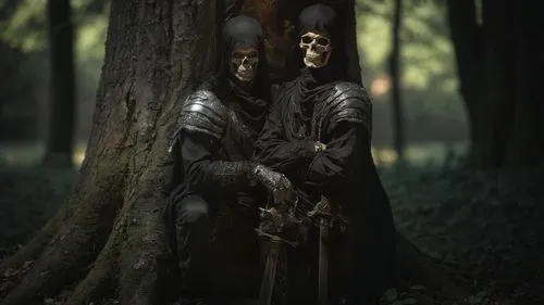 the skeleton couple sitting next to a tree are dressed in black robes,necromancers,boromir,warrior and orc,mirkwood,treepeople,lacedaemonians