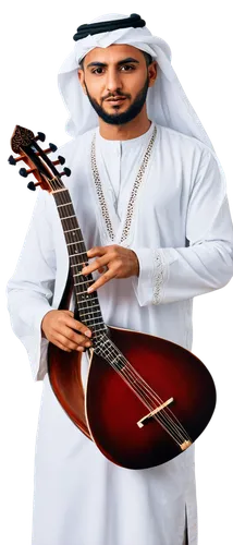 Middle Eastern man, Arabic musician, traditional clothing, white thawb, red tarboush, holding oud, playing musical instrument, intricate hand movements, serious facial expression, dim lighting, warm c