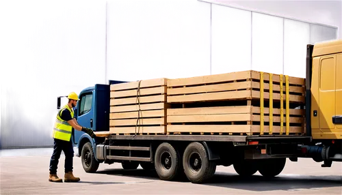 Large truck, offloading goods, male worker, yellow vest, gloves, rugged boots, cargo hold, metal ramp, wooden crates, ropes, pulleys, daytime, natural lighting, shallow depth of field, 3/4 composition