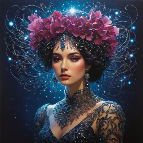 fantasy portrait,fantasy art,fairy peacock,persephone,cosmic flower,elven flower,Illustration,Abstract Fantasy,Abstract Fantasy 20