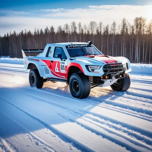 A heavy racing vehicle on an icy and snowy track at high speed.,toyota hilux,pickup truck racing,off-road car,off road toy,off-road racing,christmas pick up truck,nissan titan,all-terrain,ice racing,f