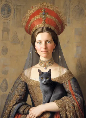 Princess Isabelle de Bourbon in a 15th century medieval dress with a British dark gray cat in her arms | on the princess's head there is a high medieval cone "hennin" without borders, it fits tightly 