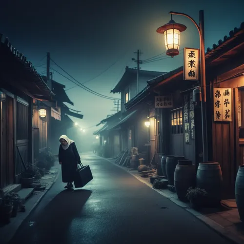 night scene,lanterns,kyoto,korean village snow,evening atmosphere,tsukemono,japanese culture,geisha,world digital painting,japanese background,japan's three great night views,japan landscape,oriental,narrow street,korean folk village,spa town,alley,beautiful japan,asian architecture,light of night,Photography,General,Fantasy