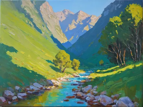 river landscape,lauterbrunnen,valley,brook landscape,mountain river,fjord,mountain stream,annapurna,mountain scene,mountain spring,flowing creek,himalayas,a river,painting technique,valais,flåm,oil painting,tajikistan,danube gorge,vail,Art,Classical Oil Painting,Classical Oil Painting 30