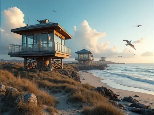 lifeguard tower,beach hut,seaside country,oceanfront,beach house,beachfront,lookout tower,seaside view,seaside resort,dunes house,beach huts,floating huts,beachhouse,watch tower,fisherman's hut,coastline,coastal bird,shorefront,summer house,beach landscape,Photography,General,Realistic