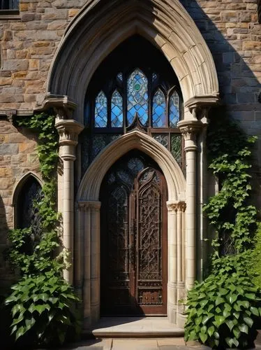 Tudor-style building, medieval-inspired, grand castle-like structure, intricately carved stone walls, stained glass windows, pointed arches, Gothic spires, ornate doorways, heavy wooden doors with iro