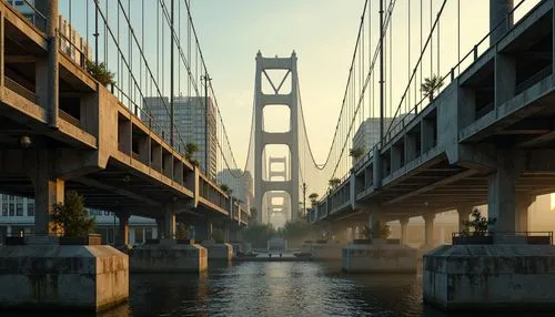 Vibrant urban bridge, steel arches, suspension cables, concrete piers, modern architecture, cityscape background, misty morning atmosphere, warm golden lighting, subtle gradient effects, weathered met