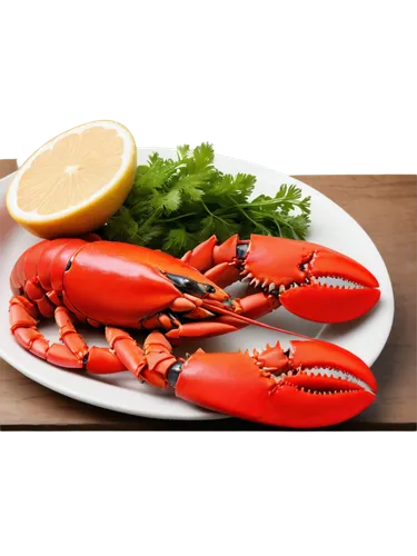 Freshly cooked lobster, bright red shell, claws tied with twine, steaming hot, juicy meat, white plate, lemon wedges, parsley garnish, shallow depth of field, soft natural light, appetizing compositio