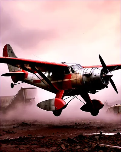 Vintage aeroplane, rusty metal body, worn-out propeller, faded red and silver stripes, cockpit with old-fashioned gauges, leather pilot seat, torn canvas wings, landing wheels with mud stains, morning